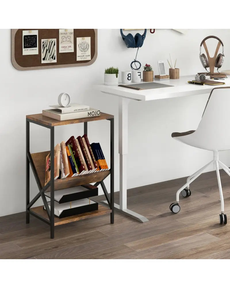 3-Tier Industrial Side Table with V-shaped Bookshelf for Living Room-Rustic Brown - Rustic Brown - End & Side Tables