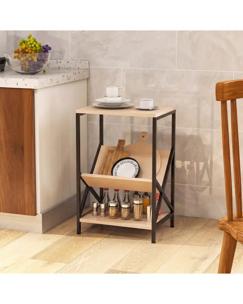 3-Tier Industrial Side Table with V-shaped Bookshelf for Living Room-Natural - Natural - End & Side Tables