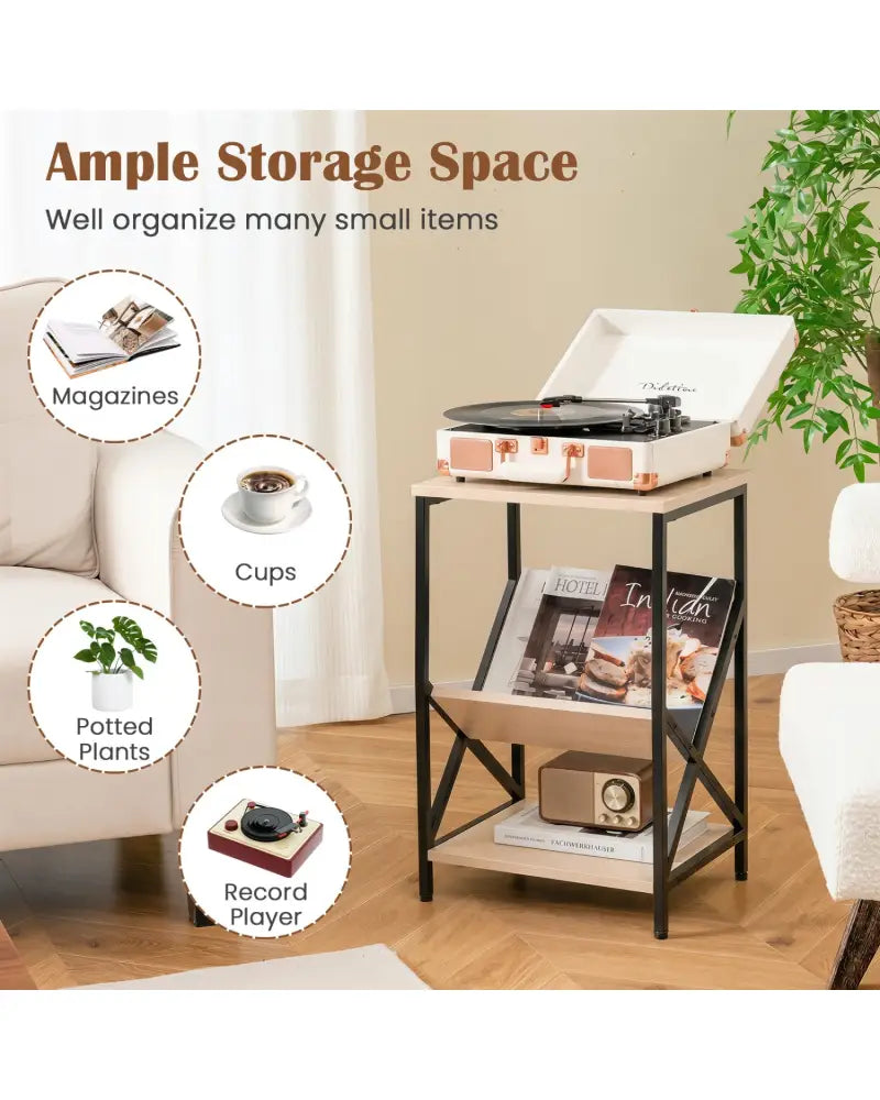 3-Tier Industrial Side Table with V-shaped Bookshelf for Living Room-Natural - Natural - End & Side Tables