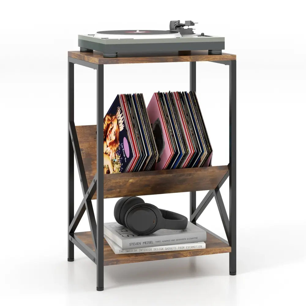 3-Tier Industrial Side Table with V-shaped Bookshelf for Living Room-Rustic Brown - Rustic Brown - End & Side Tables