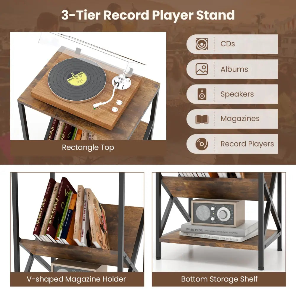 3-Tier Industrial Side Table with V-shaped Bookshelf for Living Room-Rustic Brown - Rustic Brown - End & Side Tables