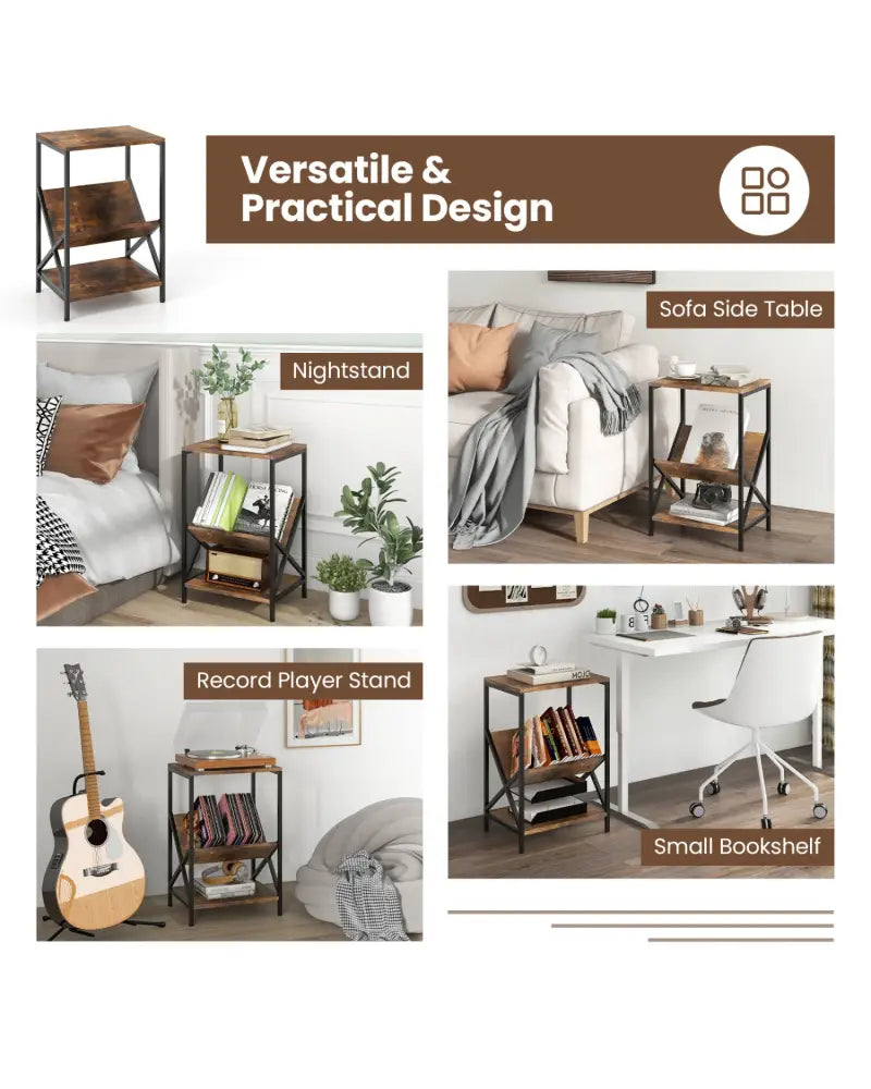 3-Tier Industrial Side Table with V-shaped Bookshelf for Living Room-Rustic Brown - Rustic Brown - End & Side Tables