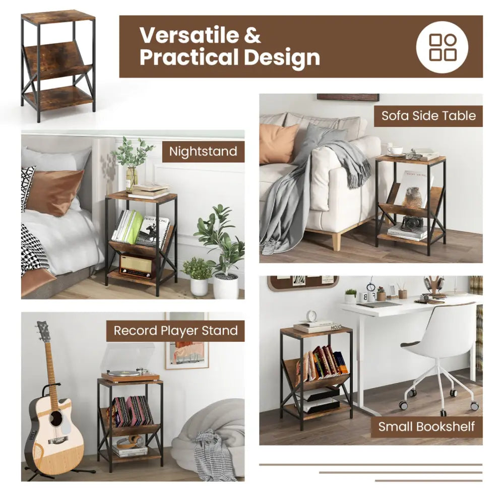 3-Tier Industrial Side Table with V-shaped Bookshelf for Living Room-Rustic Brown - Rustic Brown - End & Side Tables