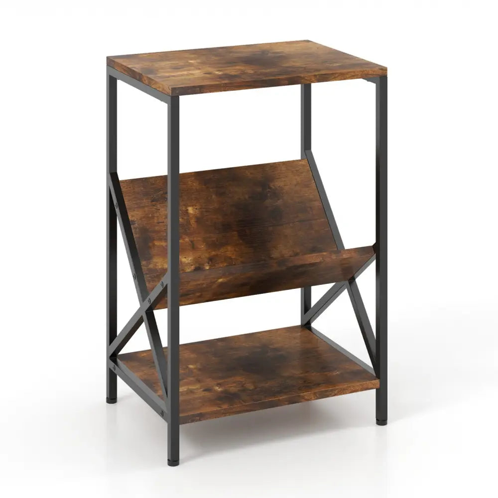 3-Tier Industrial Side Table with V-shaped Bookshelf for Living Room-Rustic Brown - Rustic Brown - End & Side Tables