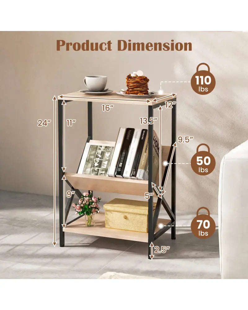 3-Tier Industrial Side Table with V-shaped Bookshelf for Living Room-Natural - Natural - End & Side Tables