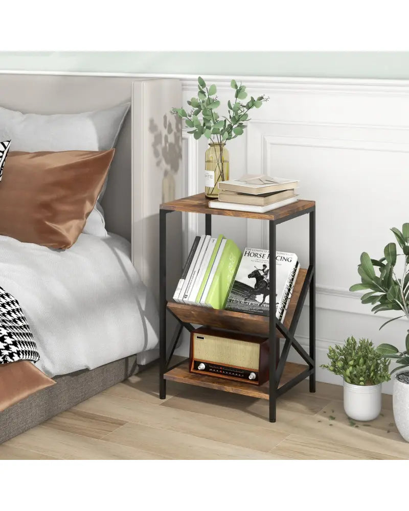 3-Tier Industrial Side Table with V-shaped Bookshelf for Living Room-Rustic Brown - Rustic Brown - End & Side Tables