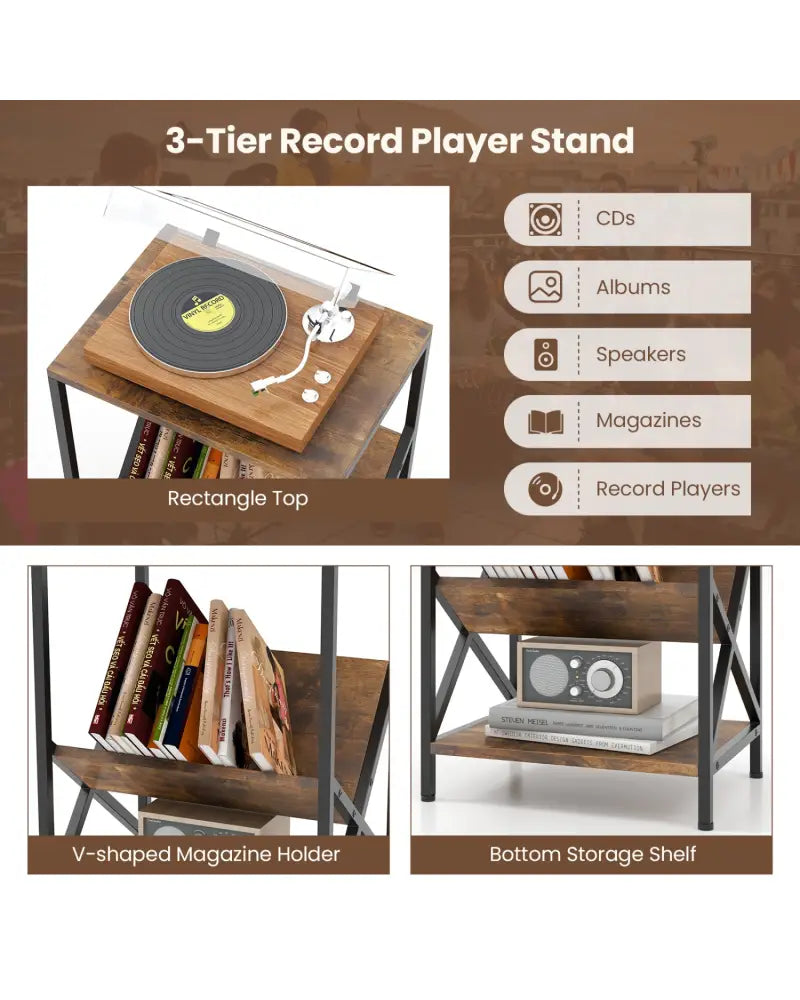 3-Tier Industrial Side Table with V-shaped Bookshelf for Living Room-Rustic Brown - Rustic Brown - End & Side Tables
