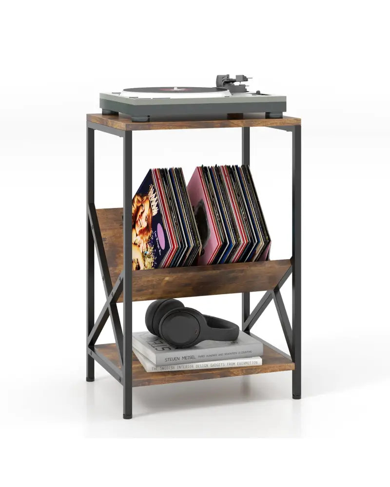 3-Tier Industrial Side Table with V-shaped Bookshelf for Living Room-Rustic Brown - Rustic Brown - End & Side Tables