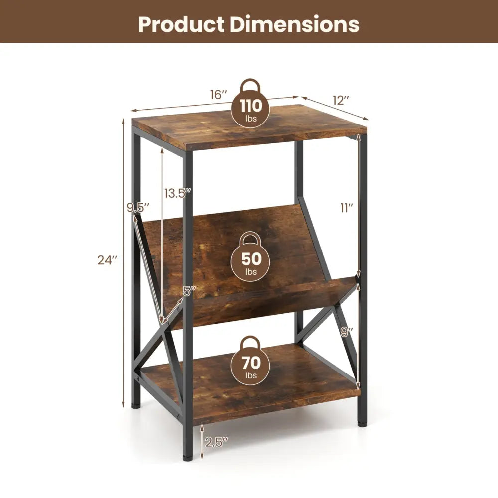 3-Tier Industrial Side Table with V-shaped Bookshelf for Living Room-Rustic Brown - Rustic Brown - End & Side Tables