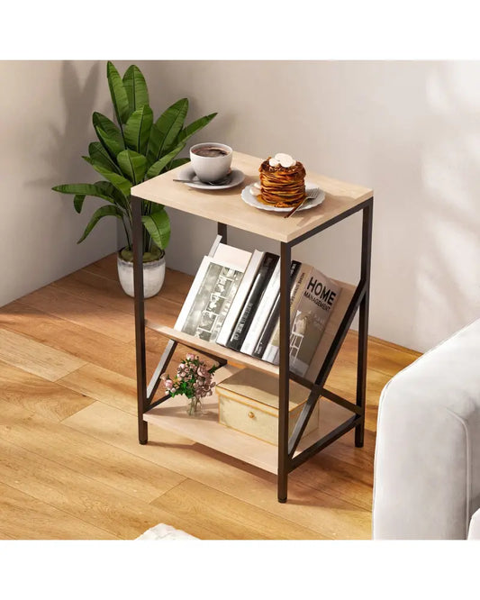 3-Tier Industrial Side Table with V-shaped Bookshelf for Living Room-Natural - Natural - End & Side Tables