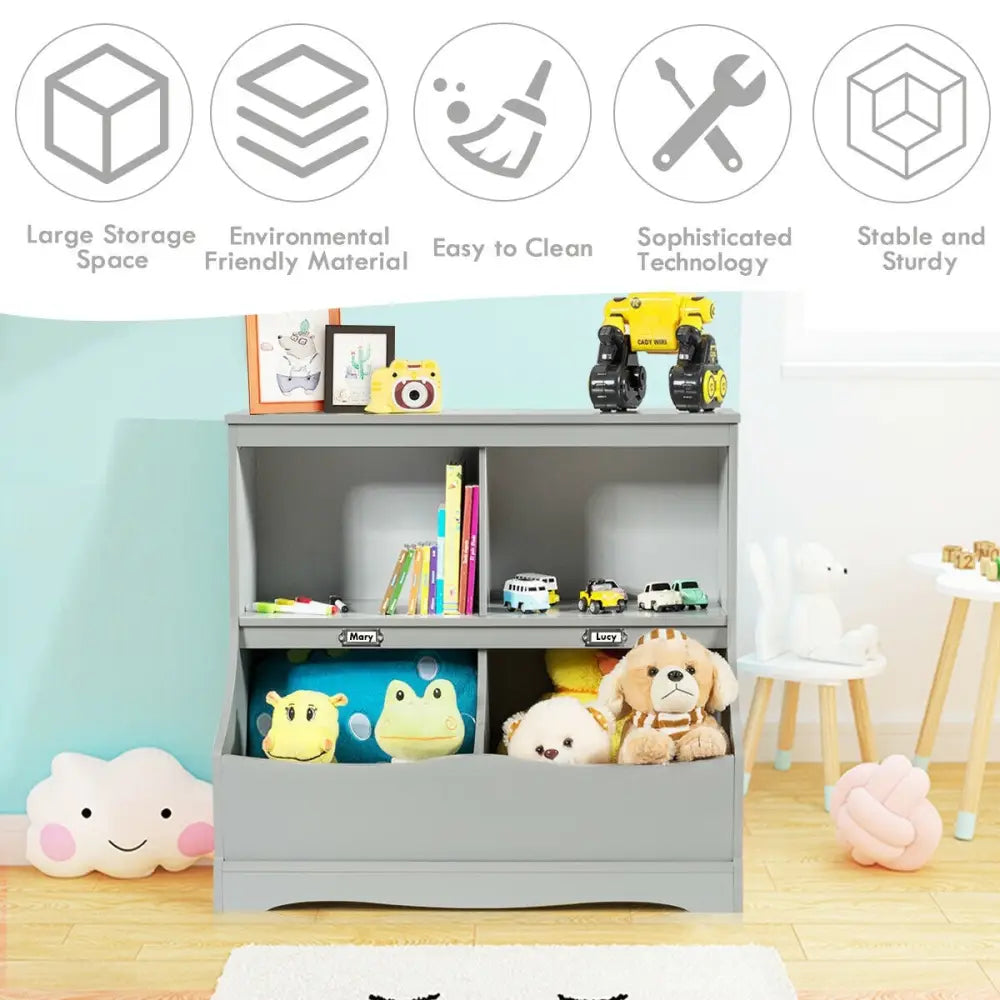 3-Tier Kids Bookcase Storage Organizer-Gray - Gray - Kids Storage