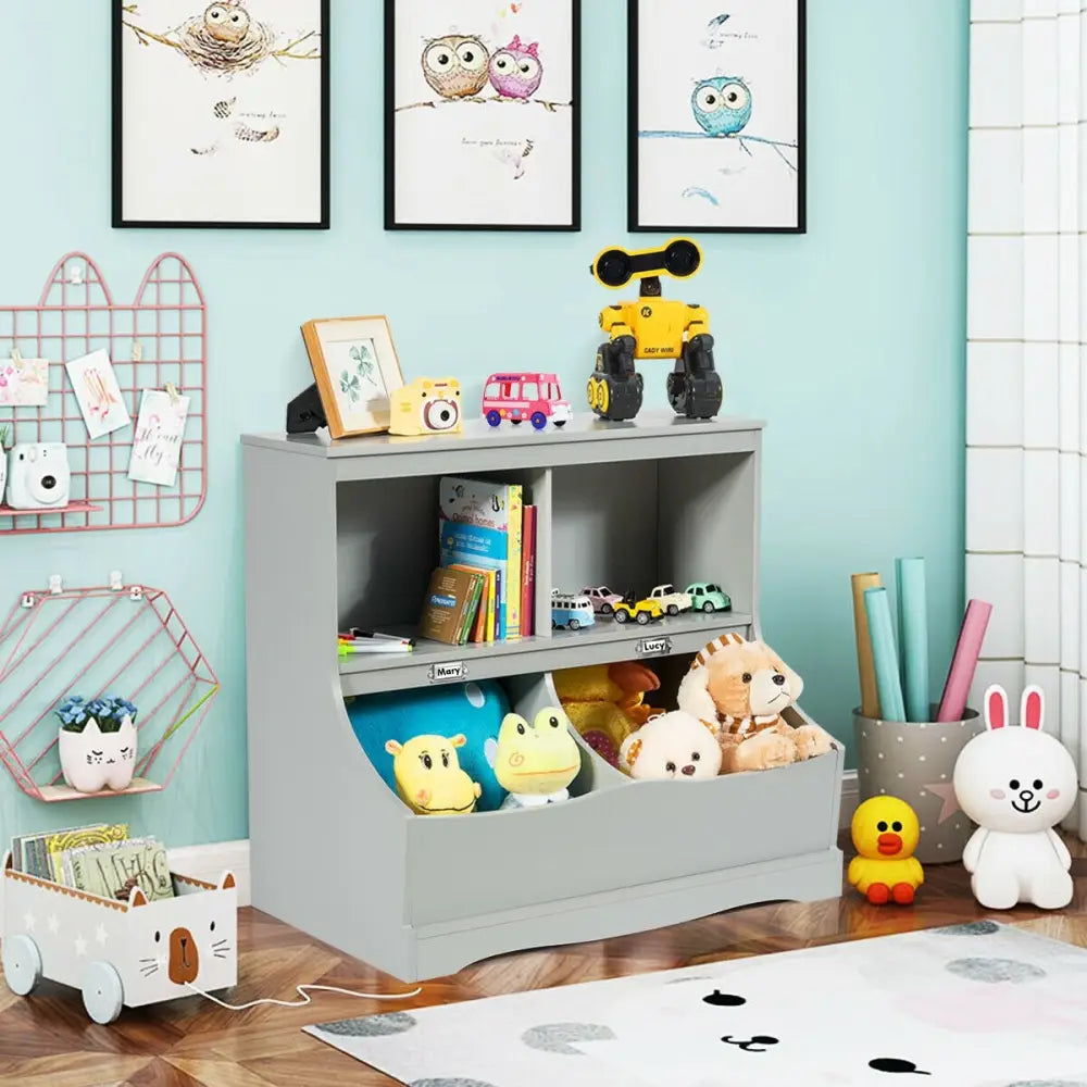 3-Tier Kids Bookcase Storage Organizer-Gray - Gray - Kids Storage
