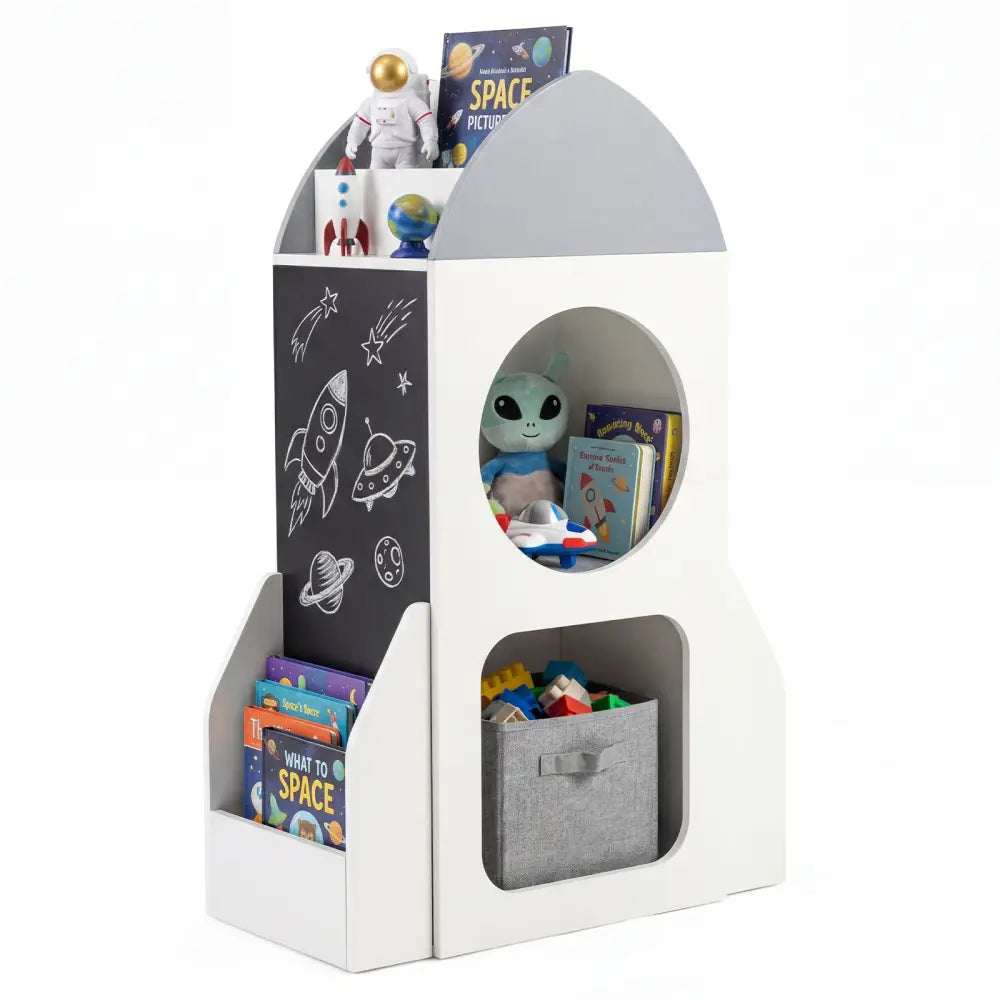 3-Tier Kids Bookshelf Rocket Space Theme Toddler Toy Storage Organizer-White - White - Kids Storage