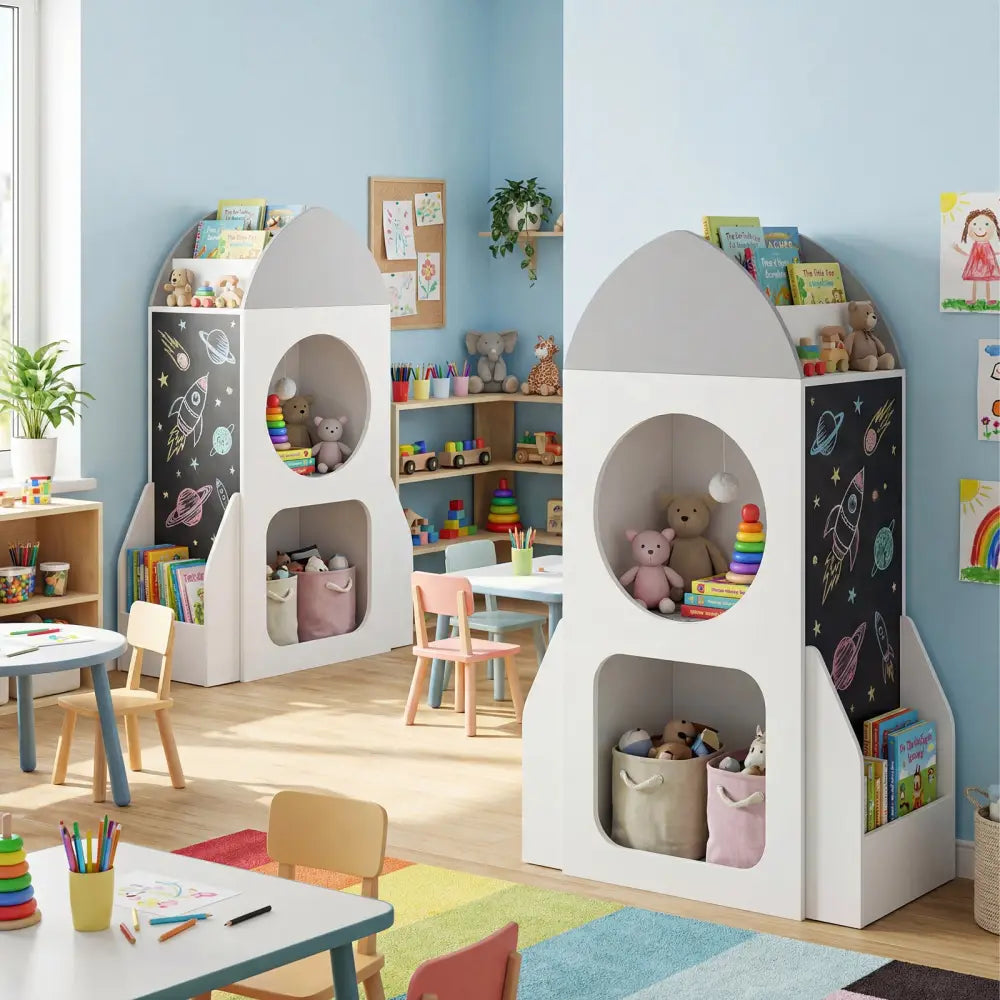 3-Tier Kids Bookshelf Rocket Space Theme Toddler Toy Storage Organizer-White - White - Kids Storage