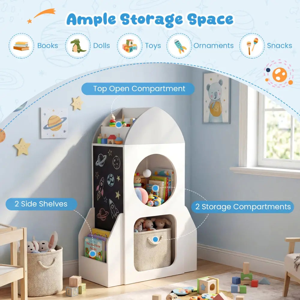 3-Tier Kids Bookshelf Rocket Space Theme Toddler Toy Storage Organizer-White - White - Kids Storage