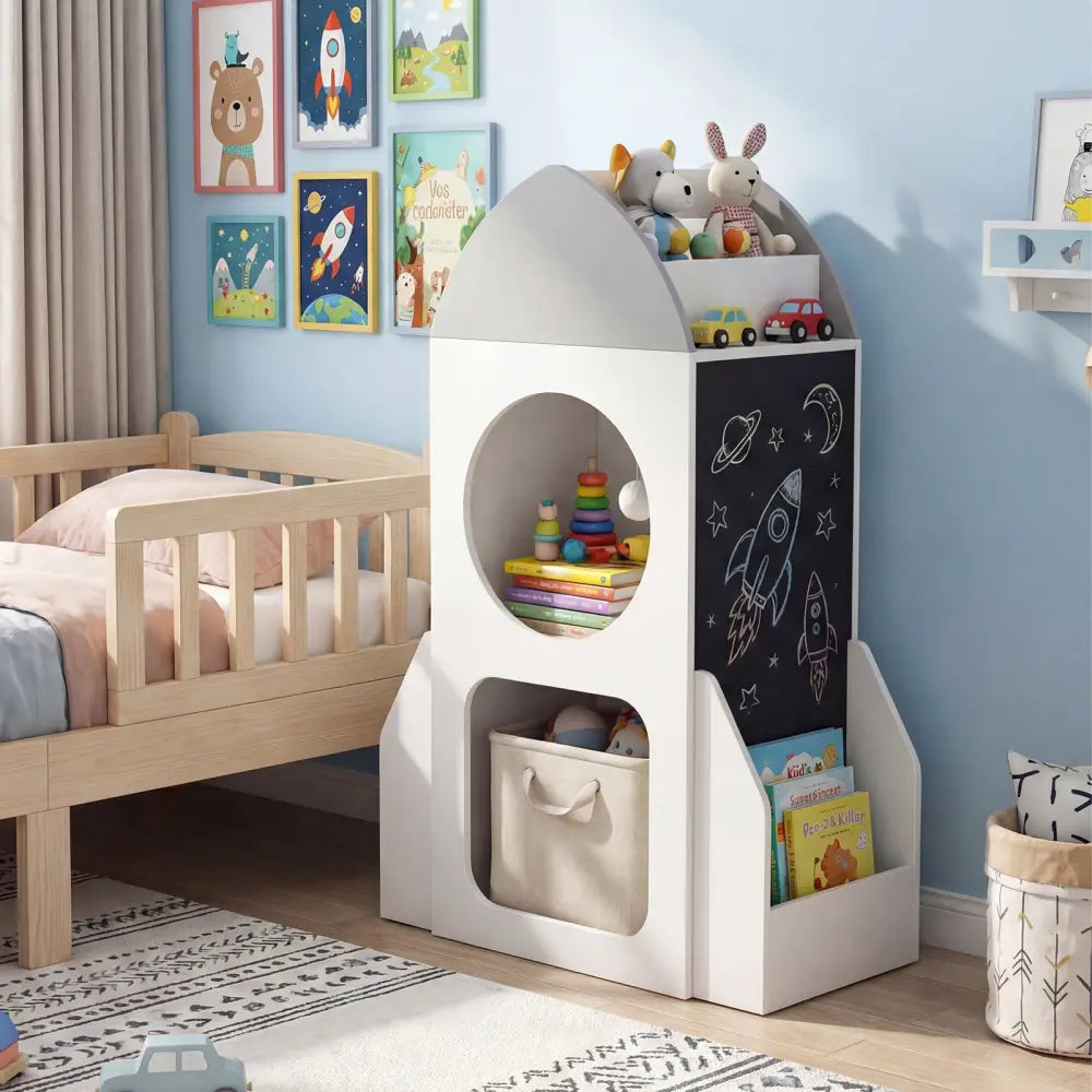 3-Tier Kids Bookshelf Rocket Space Theme Toddler Toy Storage Organizer-White - White - Kids Storage
