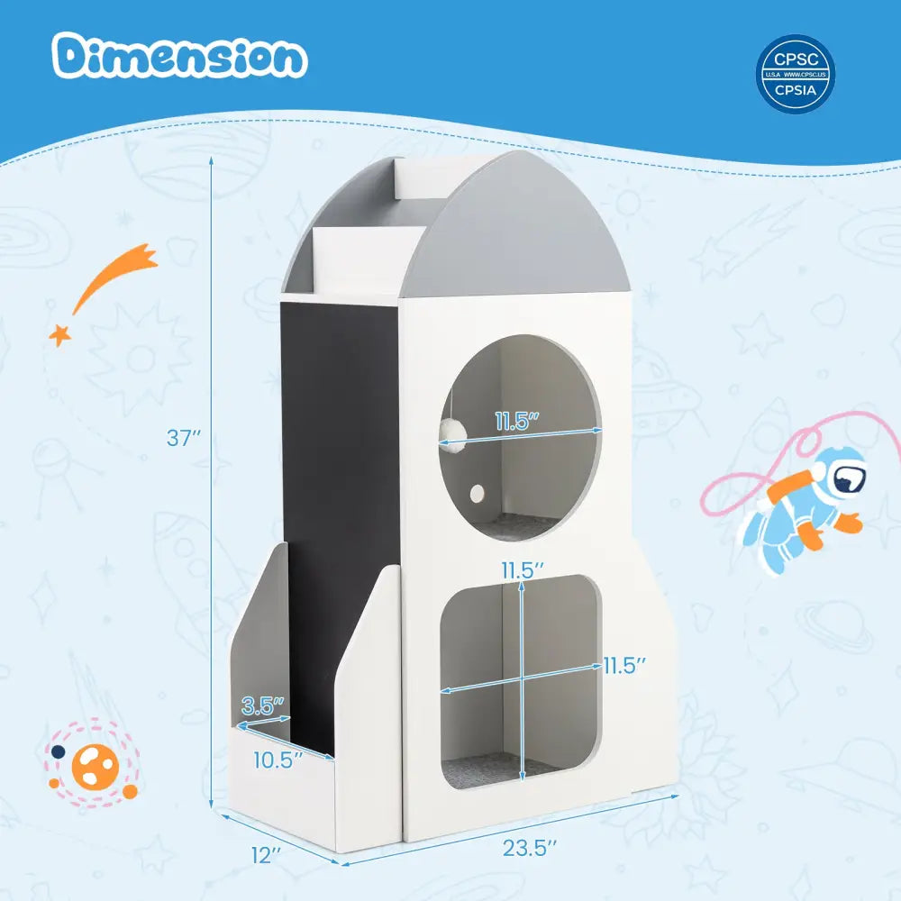 3-Tier Kids Bookshelf Rocket Space Theme Toddler Toy Storage Organizer-White - White - Kids Storage