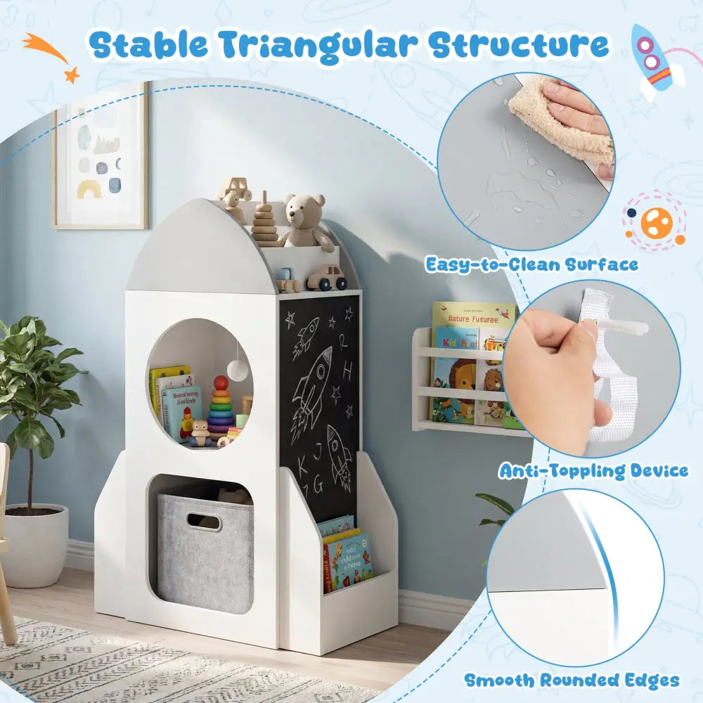 3-Tier Kids Bookshelf Rocket Space Theme Toddler Toy Storage Organizer-White - White - Kids Storage