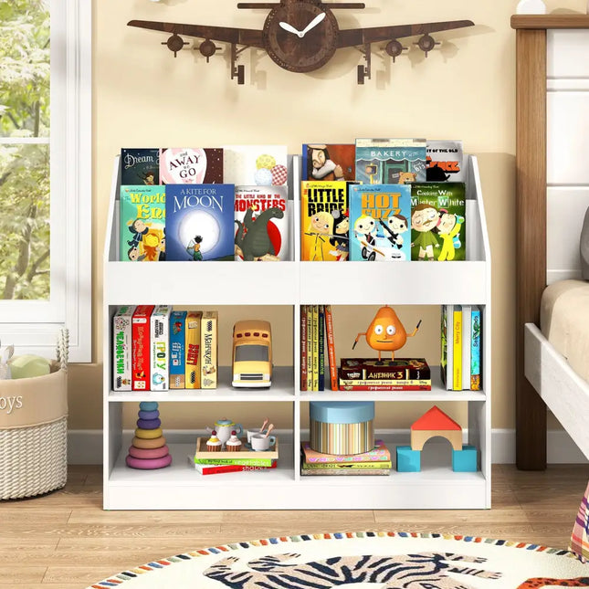 3-Tier Kid’s Bookshelf Toy Storage Organizer with Display Rack and 4 Compartments-White - White - Kids Storage