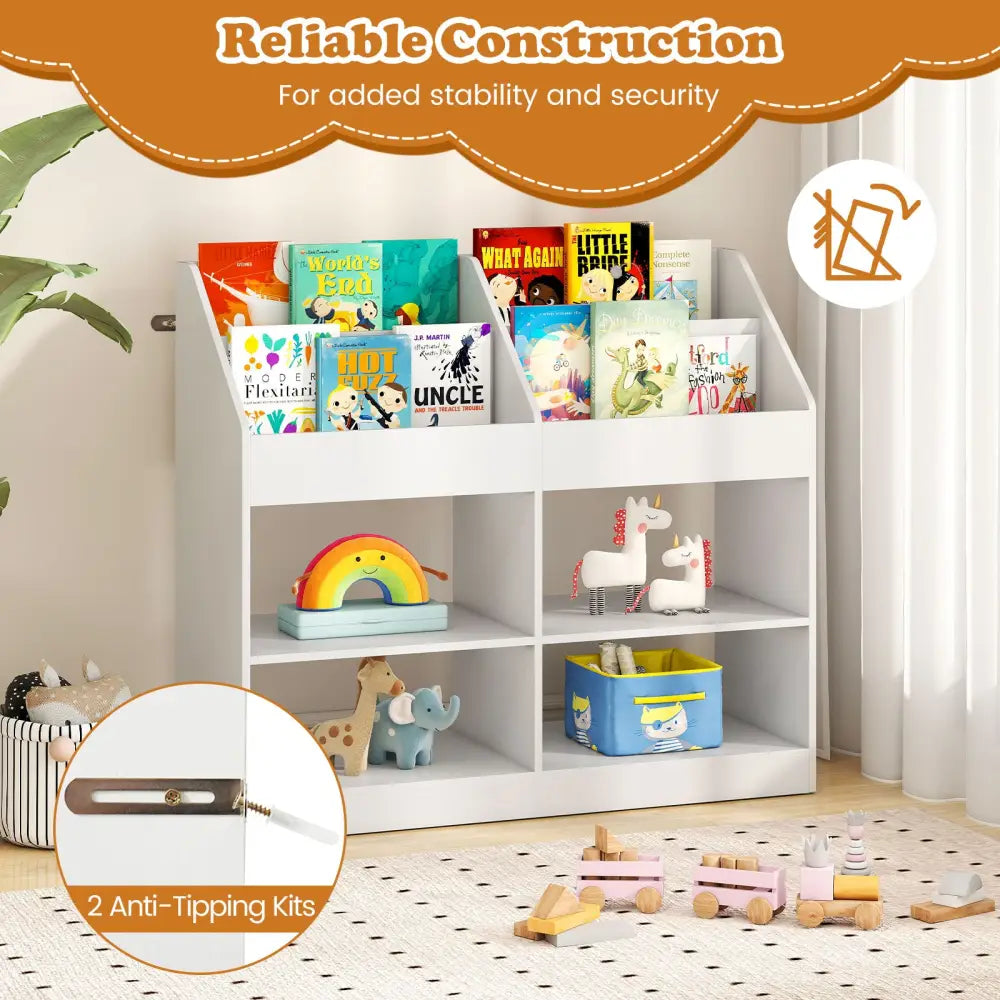 3-Tier Kid’s Bookshelf Toy Storage Organizer with Display Rack and 4 Compartments-White - White - Kids Storage