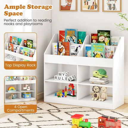3-Tier Kid’s Bookshelf Toy Storage Organizer with Display Rack and 4 Compartments-White - White - Kids Storage