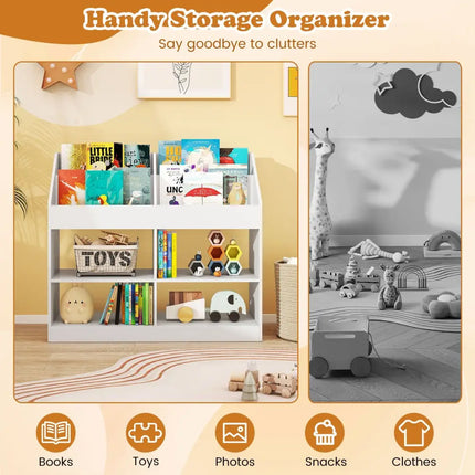 3-Tier Kid’s Bookshelf Toy Storage Organizer with Display Rack and 4 Compartments-White - White - Kids Storage