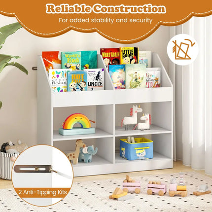 3-Tier Kid’s Bookshelf Toy Storage Organizer with Display Rack and 4 Compartments-White - White - Kids Storage
