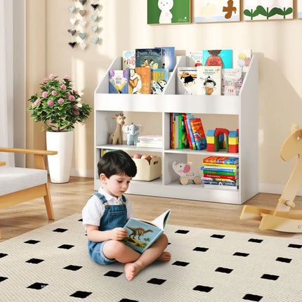 3-Tier Kid’s Bookshelf Toy Storage Organizer with Display Rack and 4 Compartments-White - White - Kids Storage