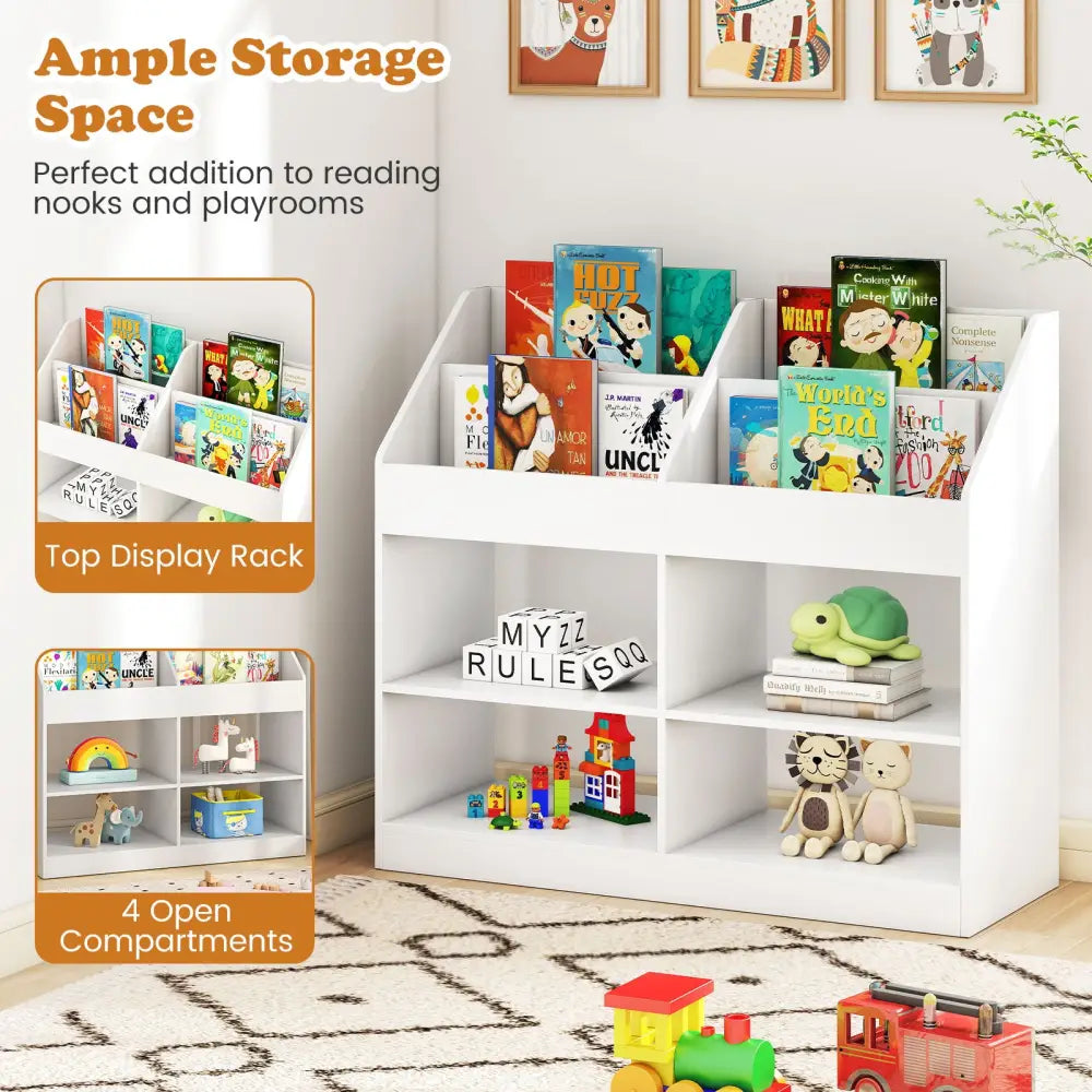 3-Tier Kid’s Bookshelf Toy Storage Organizer with Display Rack and 4 Compartments-White - White - Kids Storage