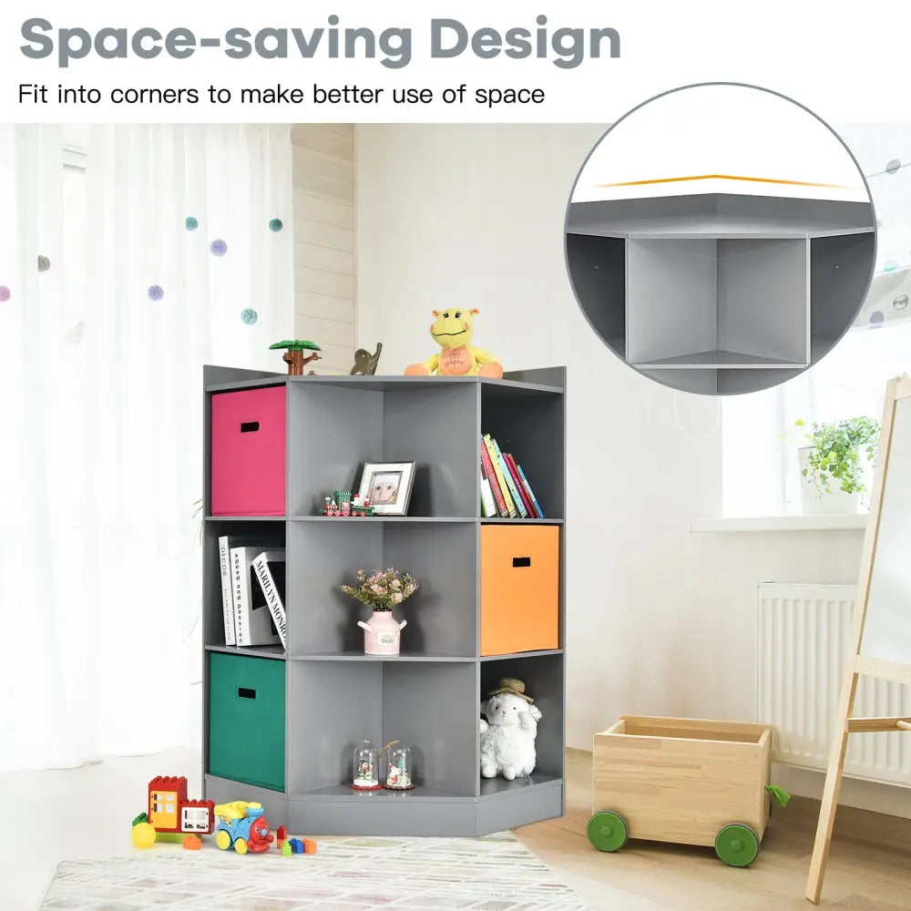 3-Tier Kids Storage Shelf Corner Cabinet with 3 Baskets-Gray - Gray - Kids Storage