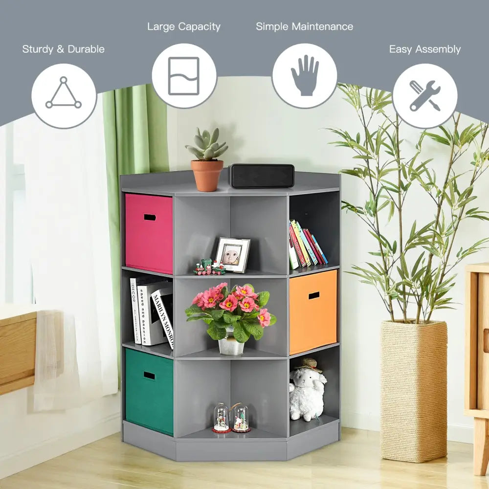 3-Tier Kids Storage Shelf Corner Cabinet with 3 Baskets-Gray - Gray - Kids Storage