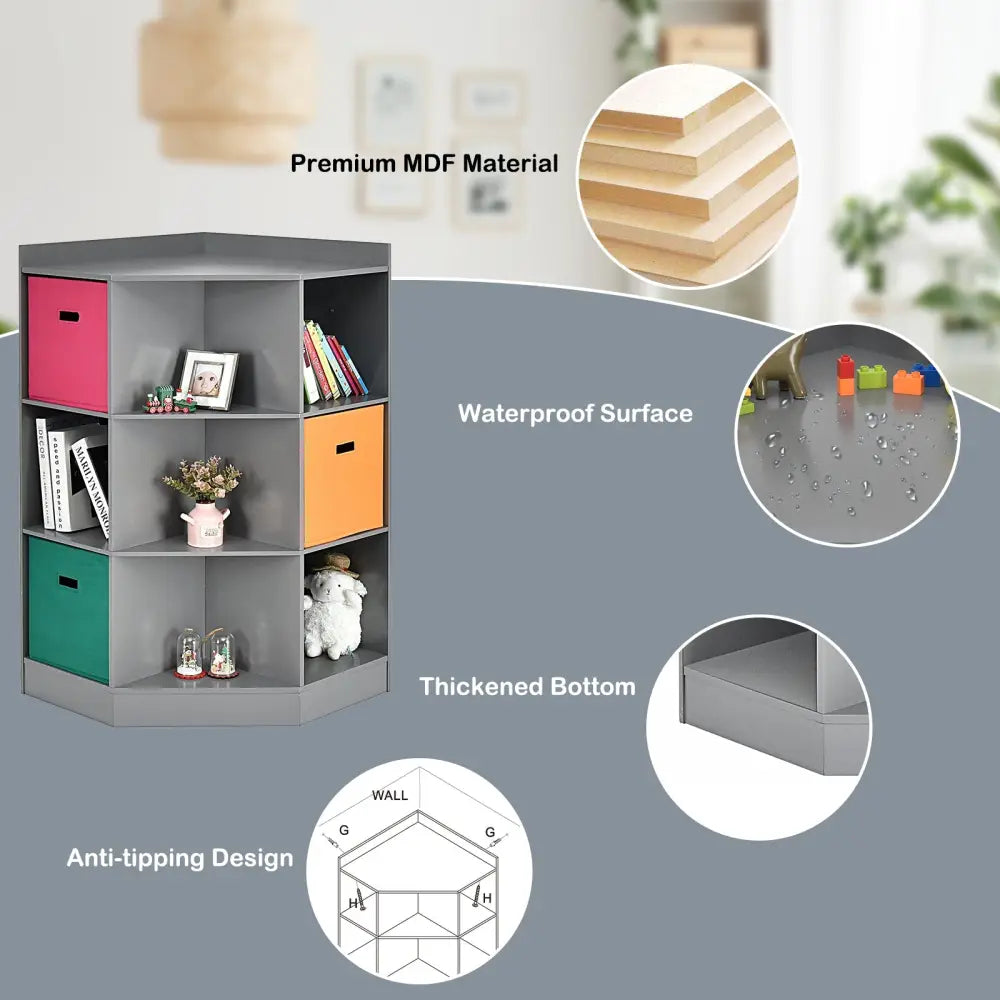 3-Tier Kids Storage Shelf Corner Cabinet with 3 Baskets-Gray - Gray - Kids Storage