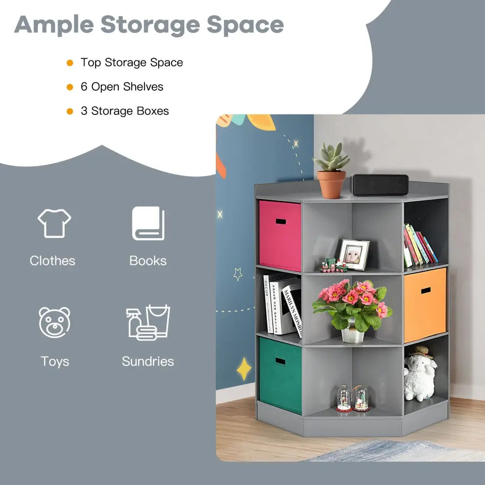 3-Tier Kids Storage Shelf Corner Cabinet with 3 Baskets-Gray - Gray - Kids Storage
