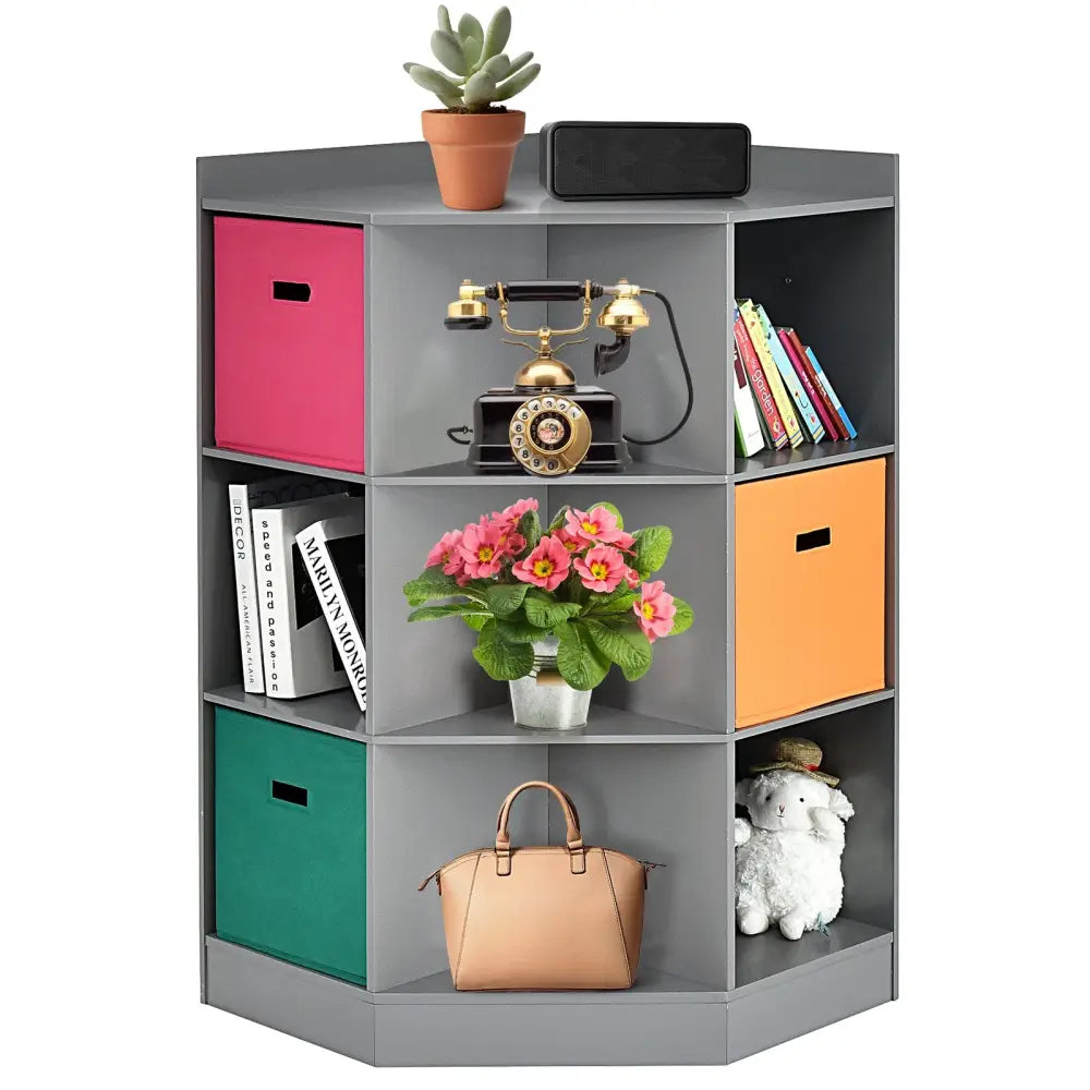 3-Tier Kids Storage Shelf Corner Cabinet with 3 Baskets-Gray - Gray - Kids Storage