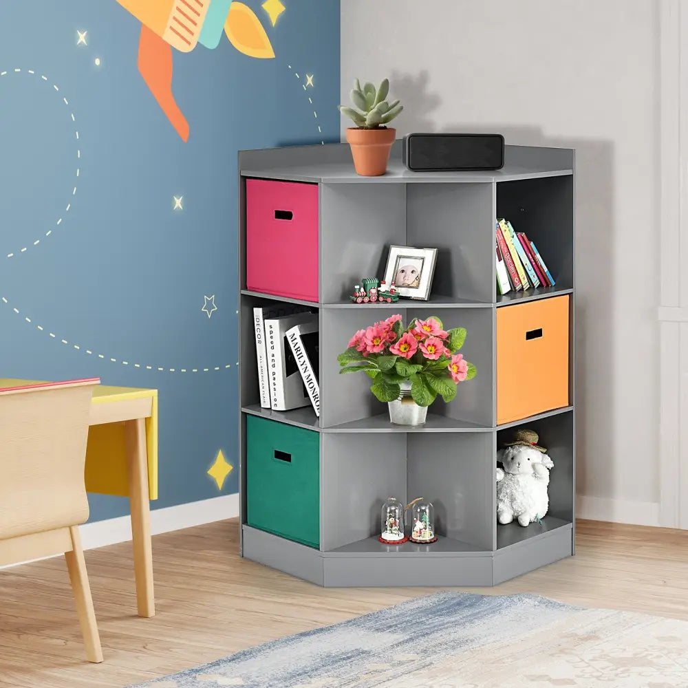 3-Tier Kids Storage Shelf Corner Cabinet with 3 Baskets-Gray - Gray - Kids Storage