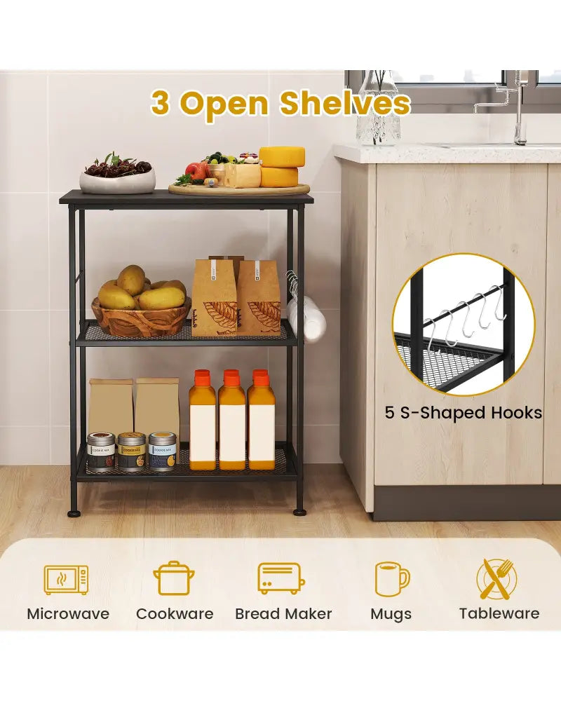 3-Tier Kitchen Serving Cart Utility Standing Microwave Rack with Hooks-Black - Black - Baker’s Racks