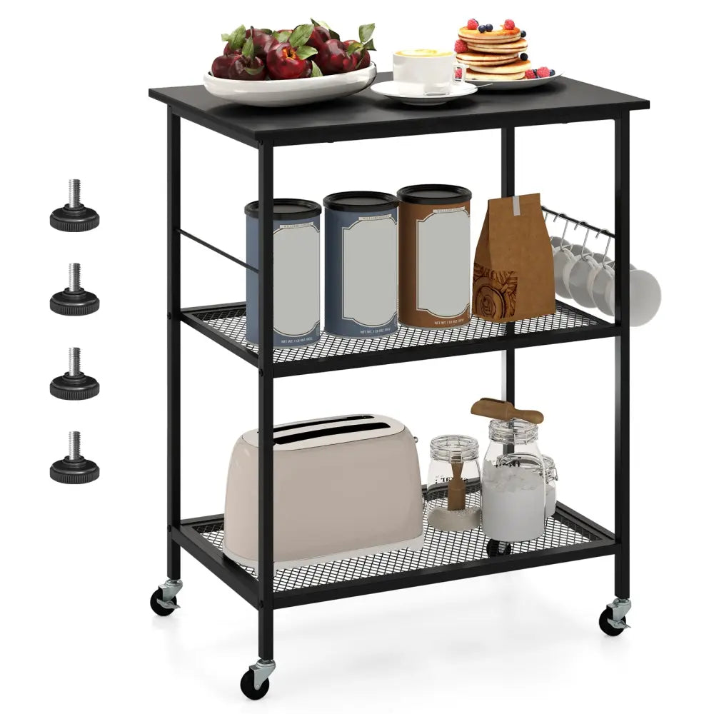3-Tier Kitchen Serving Cart Utility Standing Microwave Rack with Hooks-Black - Black - Baker’s Racks