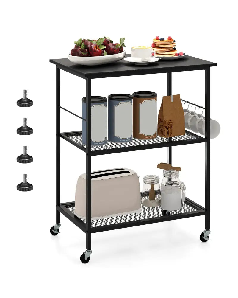 3-Tier Kitchen Serving Cart Utility Standing Microwave Rack with Hooks-Black - Black - Baker’s Racks