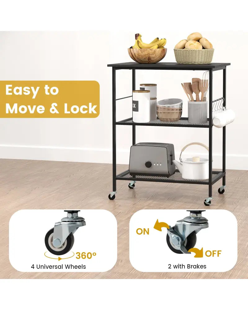 3-Tier Kitchen Serving Cart Utility Standing Microwave Rack with Hooks-Black - Black - Baker’s Racks