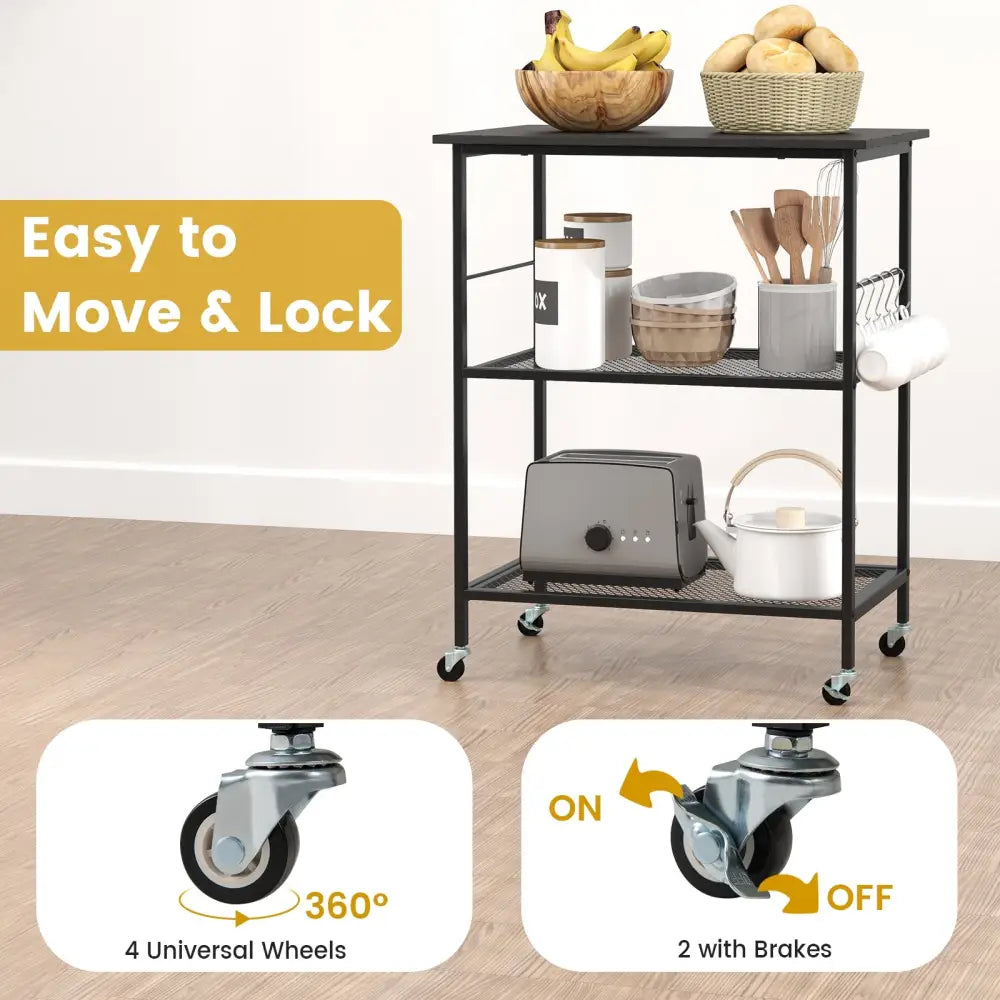 3-Tier Kitchen Serving Cart Utility Standing Microwave Rack with Hooks-Black - Black - Baker’s Racks