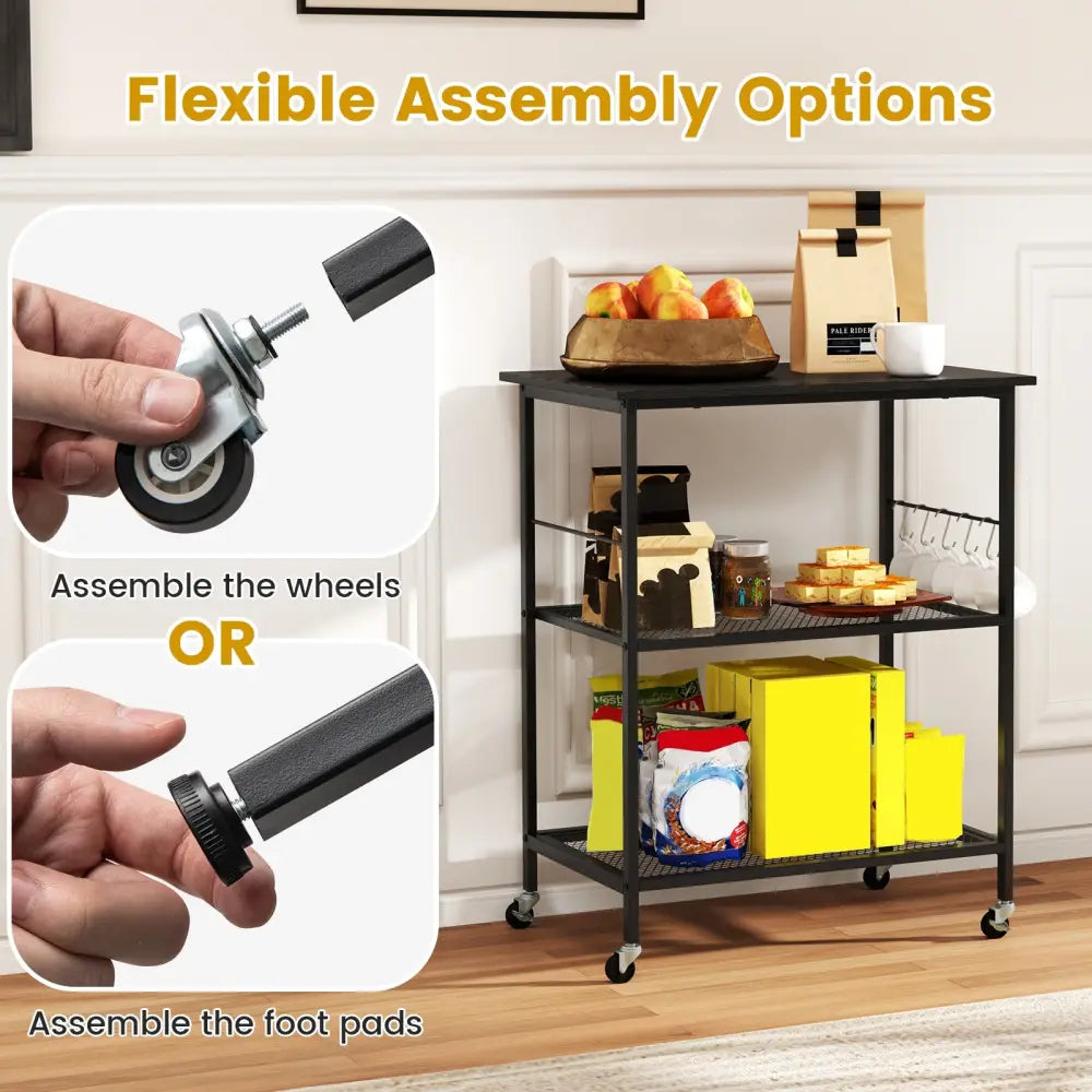 3-Tier Kitchen Serving Cart Utility Standing Microwave Rack with Hooks-Black - Black - Baker’s Racks