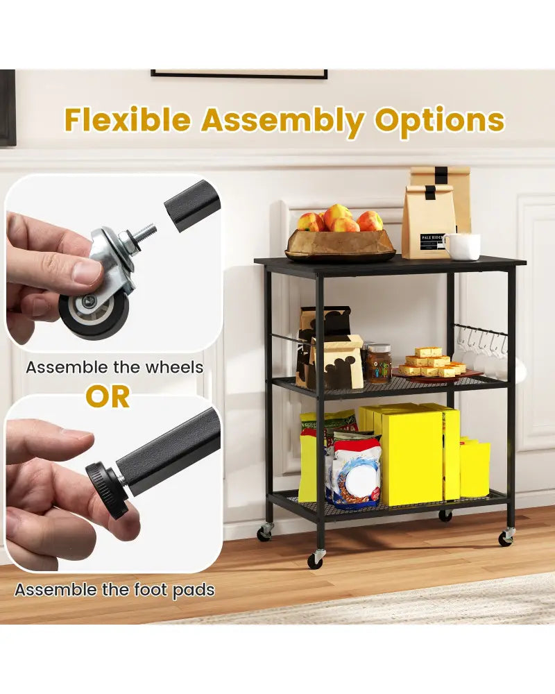 3-Tier Kitchen Serving Cart Utility Standing Microwave Rack with Hooks-Black - Black - Baker’s Racks