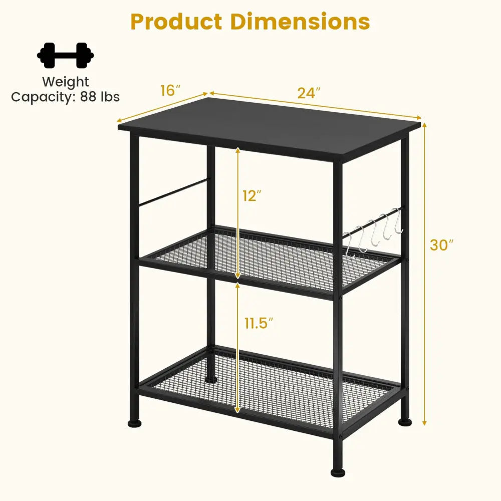 3-Tier Kitchen Serving Cart Utility Standing Microwave Rack with Hooks-Black - Black - Baker’s Racks