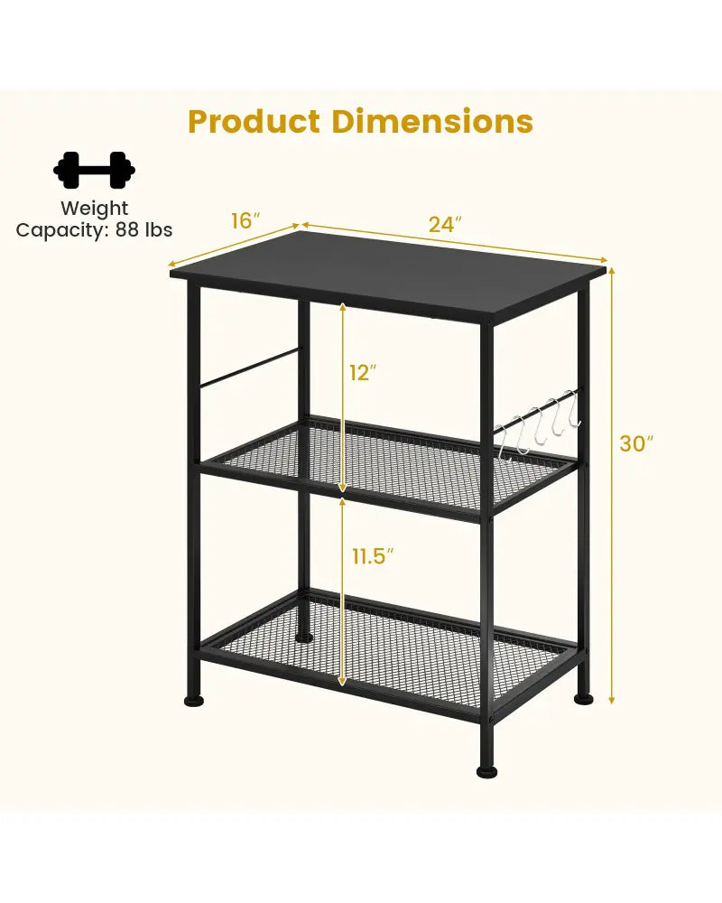 3-Tier Kitchen Serving Cart Utility Standing Microwave Rack with Hooks-Black - Black - Baker’s Racks