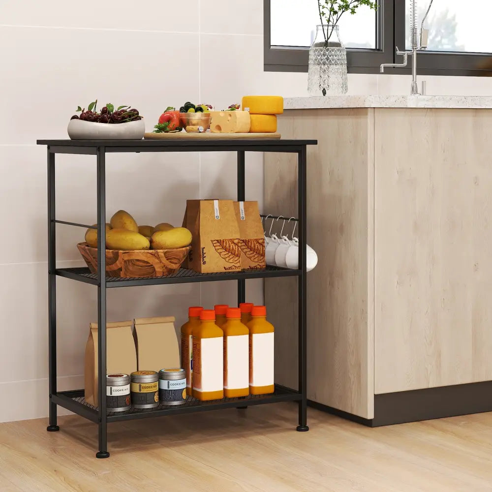 3-Tier Kitchen Serving Cart Utility Standing Microwave Rack with Hooks-Black - Black - Baker’s Racks