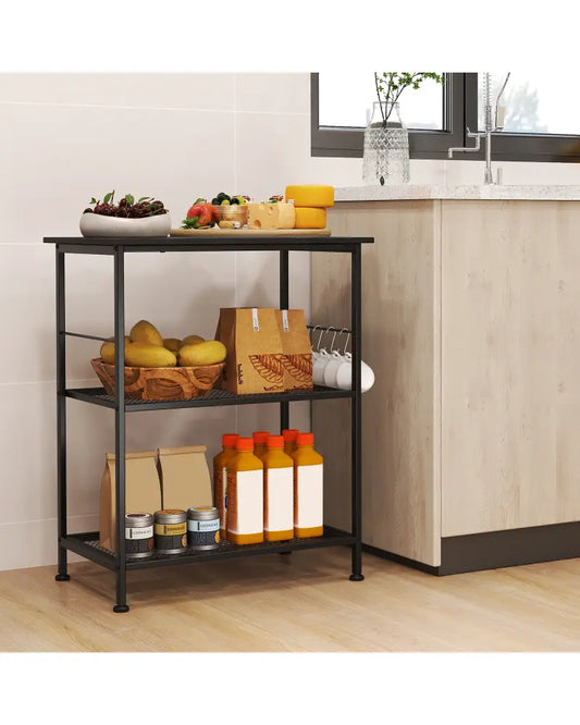 3-Tier Kitchen Serving Cart Utility Standing Microwave Rack with Hooks-Black - Black - Baker’s Racks