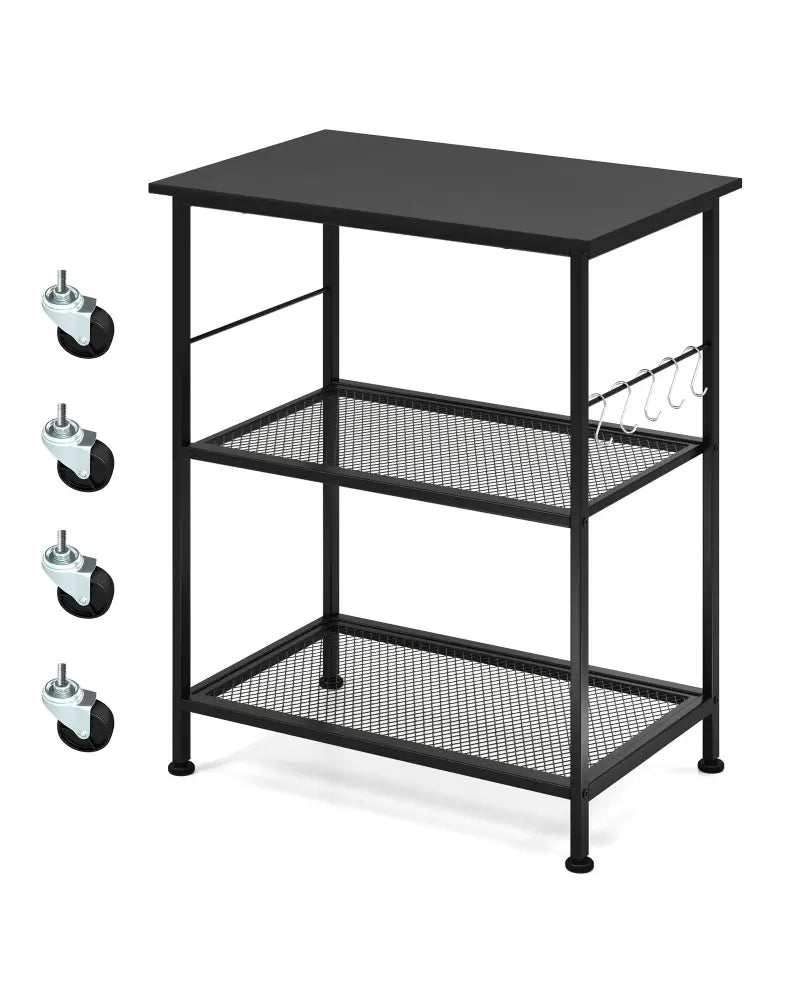 3-Tier Kitchen Serving Cart Utility Standing Microwave Rack with Hooks-Black - Black - Baker’s Racks