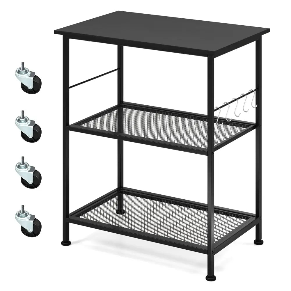3-Tier Kitchen Serving Cart Utility Standing Microwave Rack with Hooks-Black - Black - Baker’s Racks