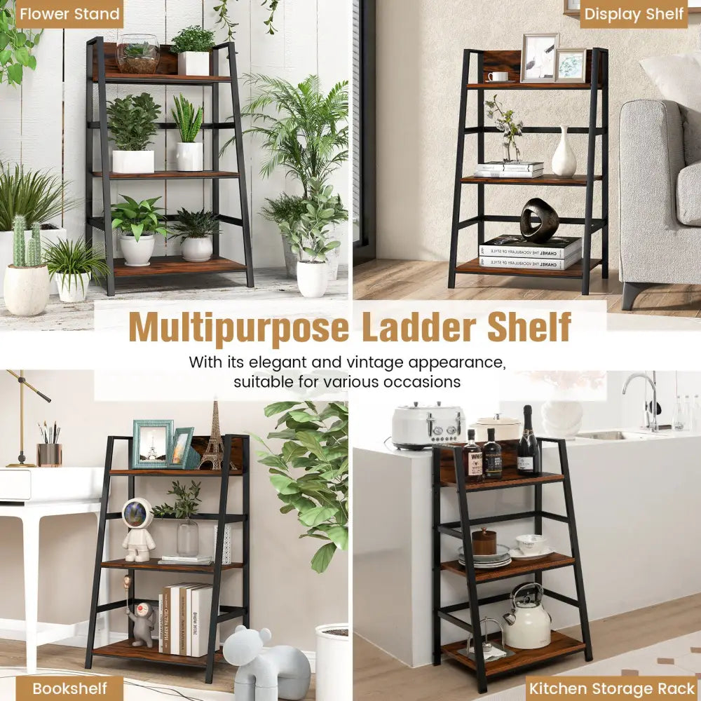 3-Tier Ladder Industrial Bookshelf - Rustic Brown - Bookcases