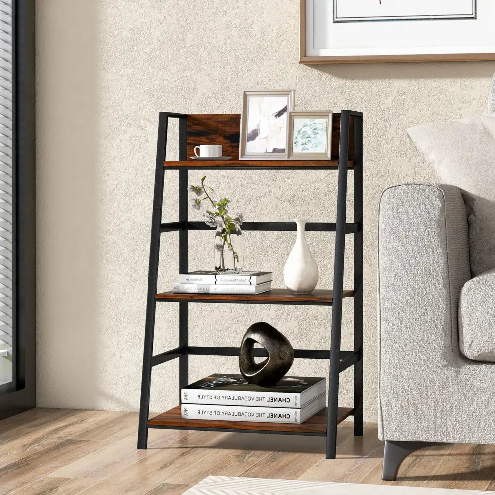 3-Tier Ladder Industrial Bookshelf - Rustic Brown - Bookcases